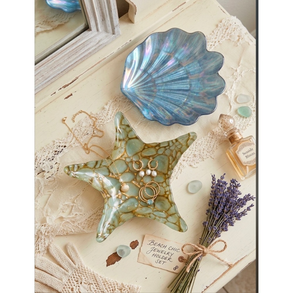 Beach Chic Jewelry Holder Set Starfish and Iridescent Blue Seashell Trinket Dish